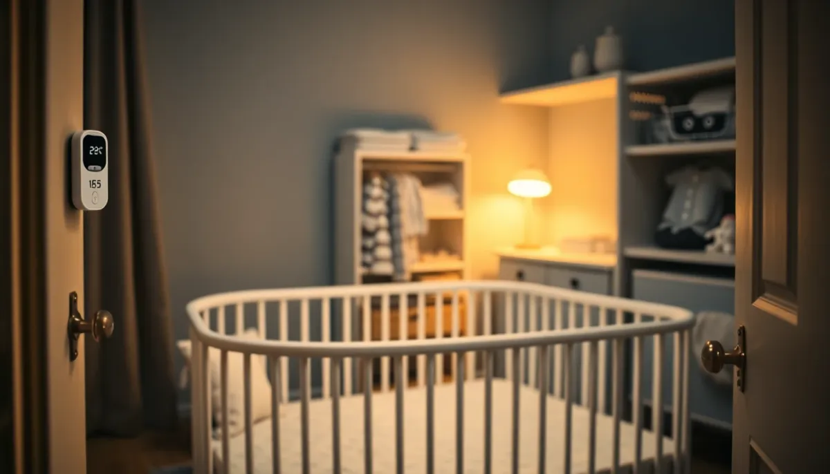 Chambre de bébé aménagée avec thermomètre affichant la température idéale et équipement de sommeil complet