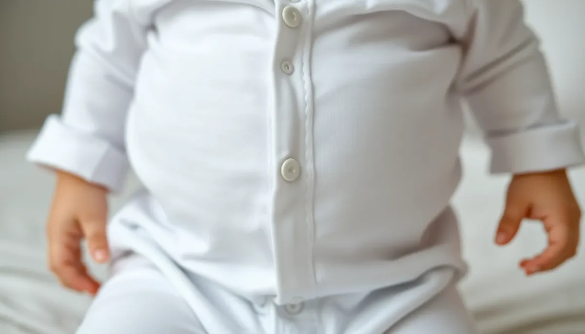 Détail d'un body bébé en coton blanc montrant les pressions à l'entrejambe et l'ajustement