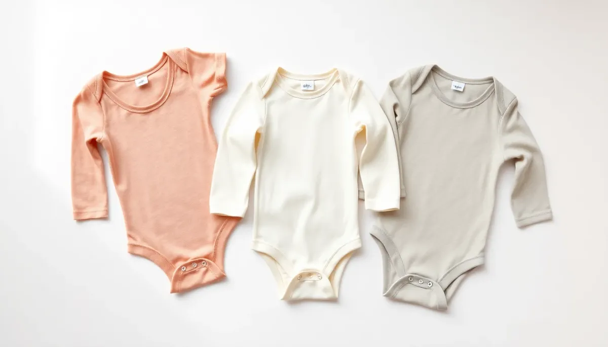 Différents types de bodies bébé présentés à plat : body croisé, body à emmanchures américaines, manches longues et courtes