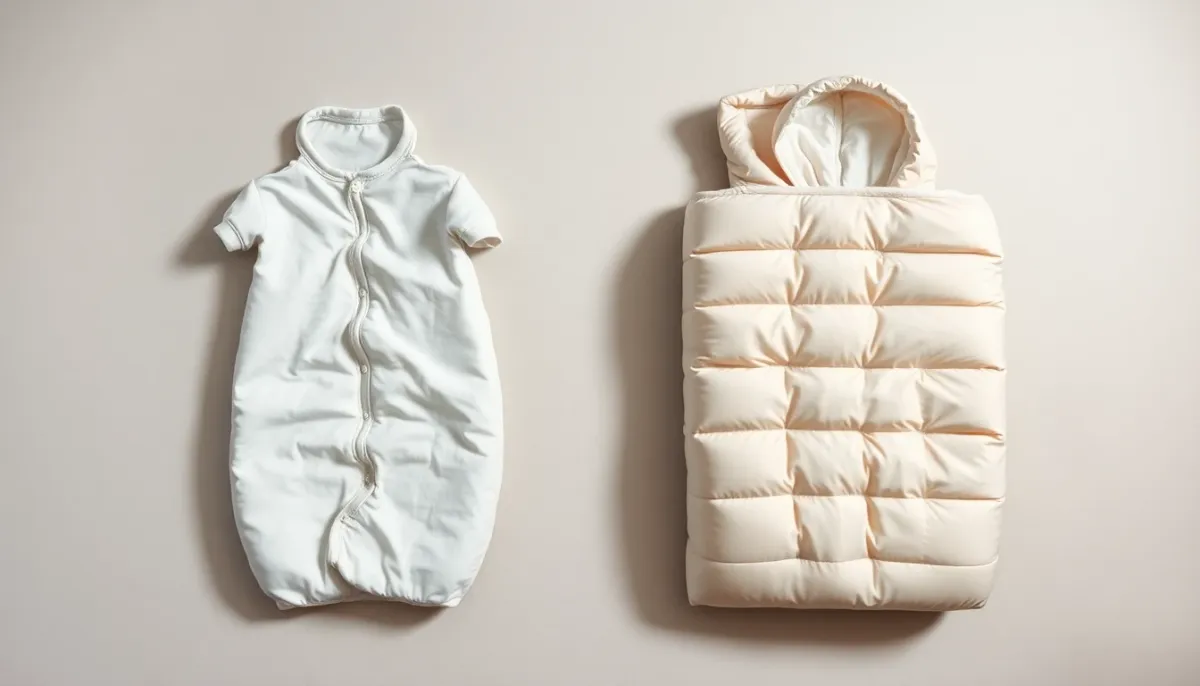Comparaison visuelle d'une gigoteuse et d'une couette pour enfant, vue de dessus