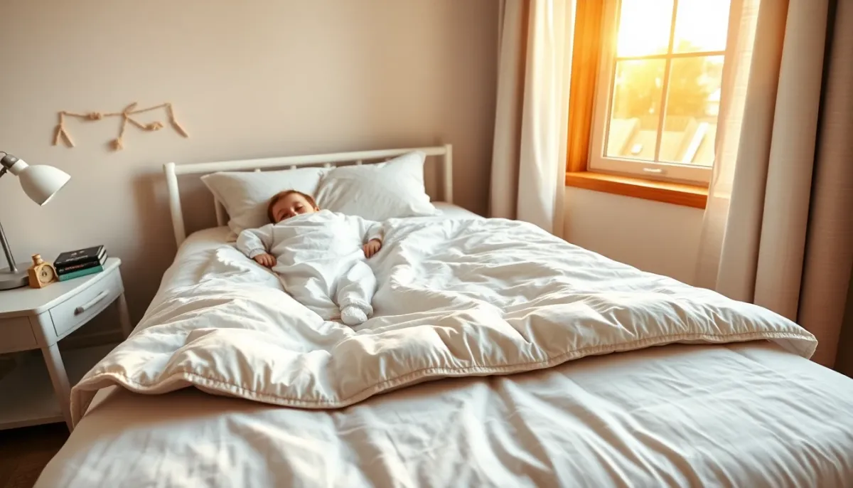 Chambre d'enfant aménagée pour la transition entre gigoteuse et couette, avec les deux éléments visibles