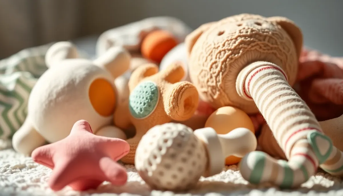 Gros plan sur des jouets sensoriels pour bébé de 0 à 6 mois avec différentes textures