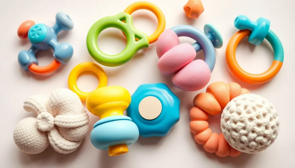 Gros plan sur les jouets sensoriels pour bébé : hochets, anneaux de dentition et textures variées