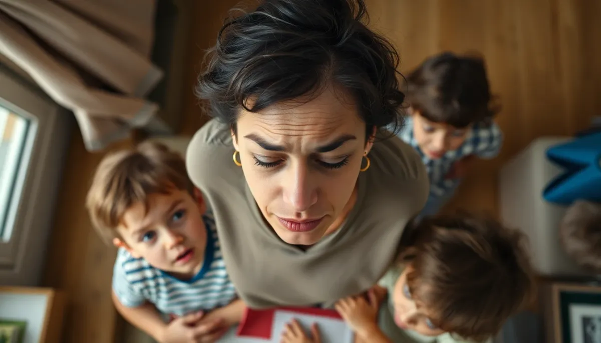 Parent gérant plusieurs enfants, illustrant la surcharge émotionnelle et la sensation de prison décrite dans les témoignages