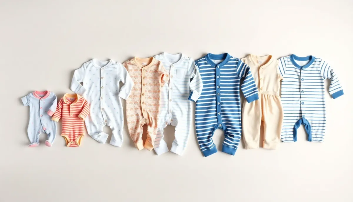 Progression des tailles de vêtements bébé de la naissance à 12 mois, vue de dessus