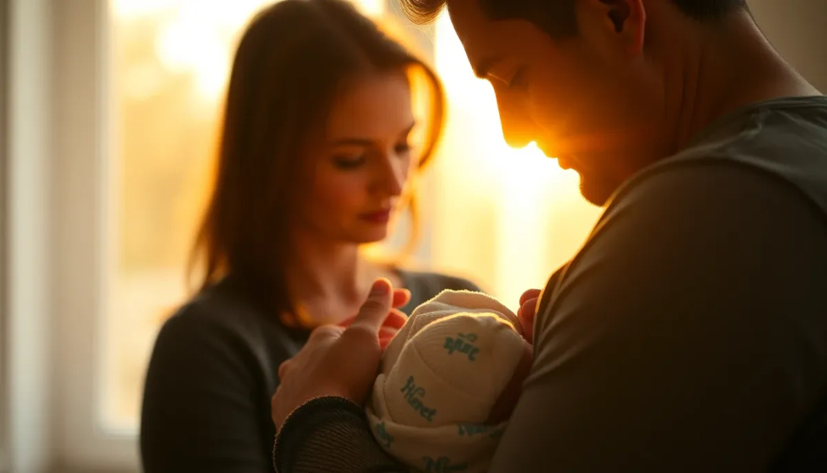 Parent tenant un nouveau-né garçon en lumière dorée naturelle, moment intime et émotionnel