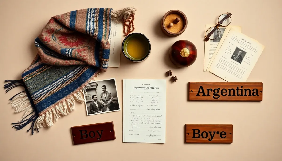 Composition artistique d'objets culturels argentins et prénoms garçons sur fond neutre, vue de dessus