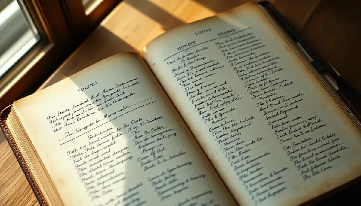 Journal ouvert avec des prénoms et des significations écrites à la main, symbolisant l'héritage familial colombien