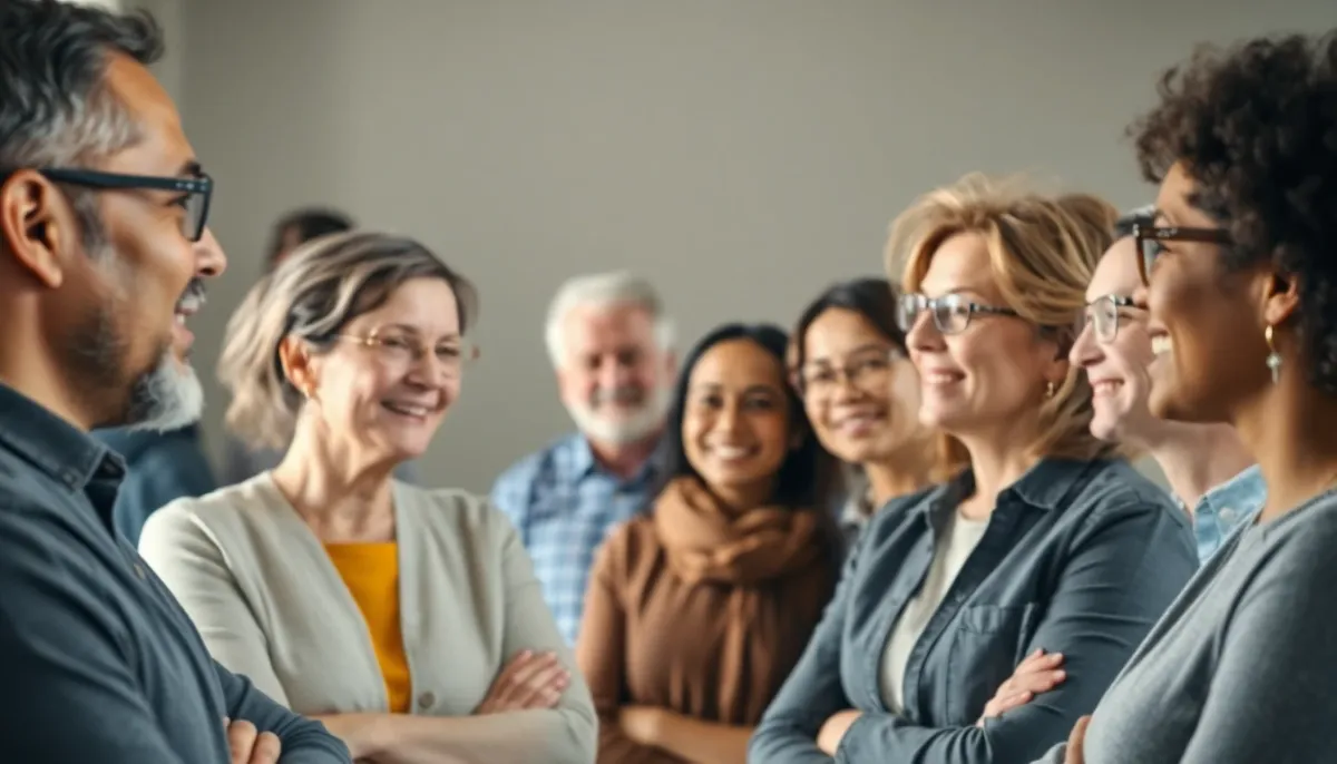 Groupe de personnes diverses en conversation, représentant la diversité culturelle et l'inclusivité des prénoms colombiens