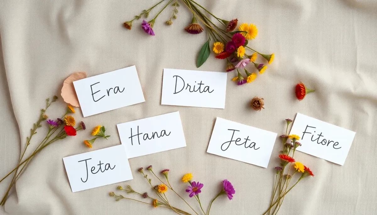 Cartes avec prénoms fille albanais arrangées avec des fleurs sauvages et éléments botaniques