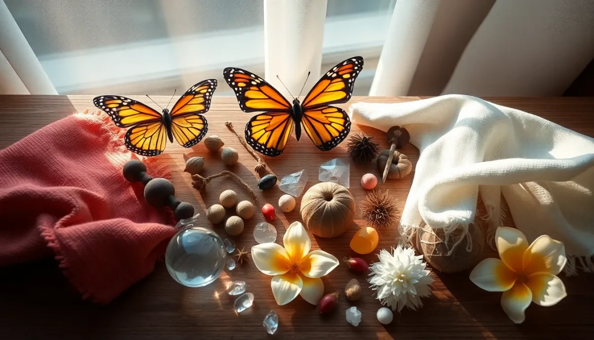 Collection d'objets naturels représentant les significations des prénoms albanais: papillon, lumière, vent, neige, fleur