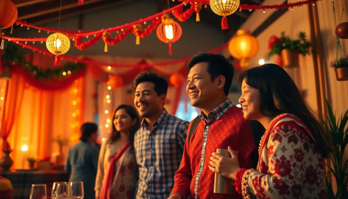 Scène de célébration festive avec ambiance chaleureuse, évoquant les fêtes patronales et moments importants en famille