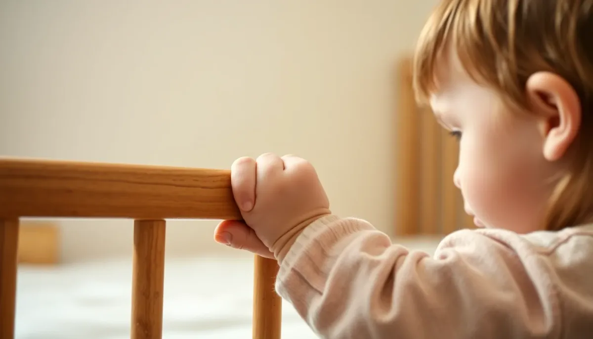 Mains d'enfant en bas âge s'agrippant aux barreaux d'un lit