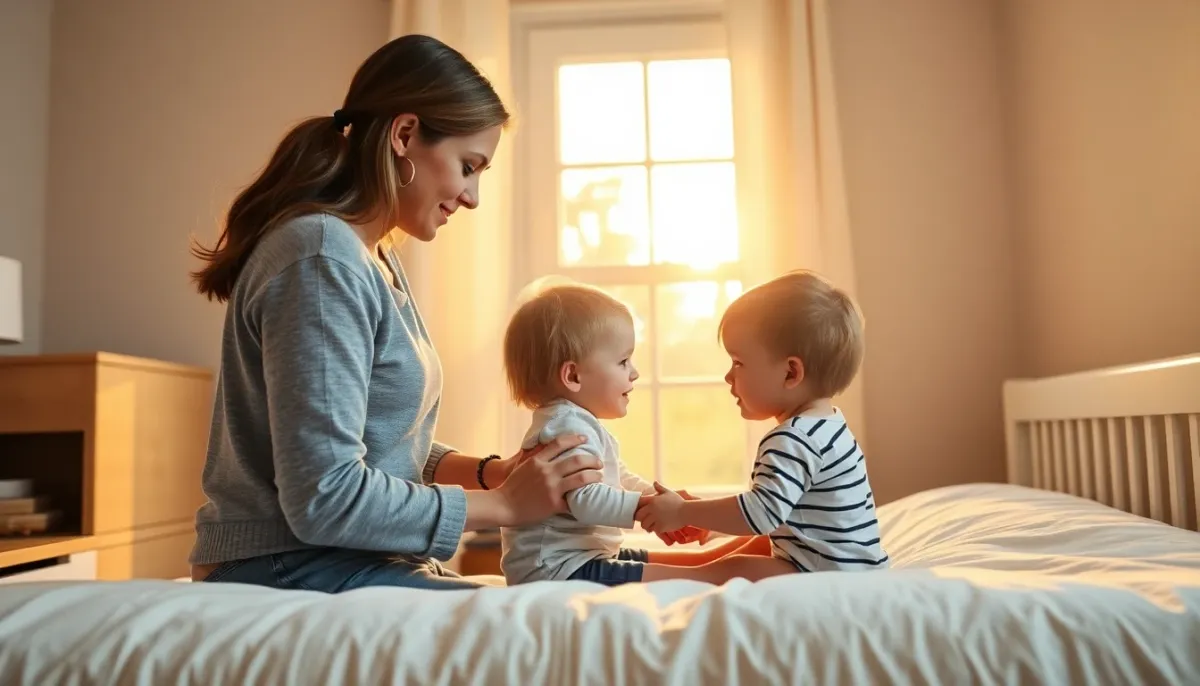 Parent accompagnant un enfant vers son lit de transition dans une ambiance chaleureuse