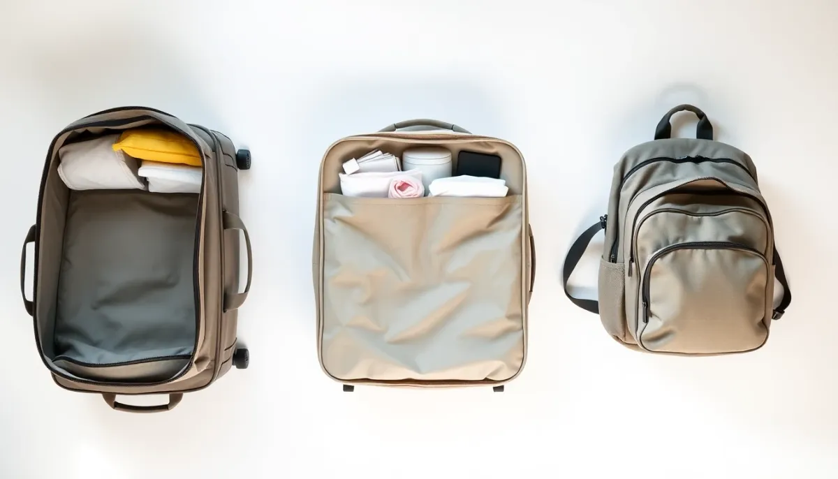 Les trois sacs de maternité organisés et distingués : sac salle d'accouchement, grosse valise et sac partenaire