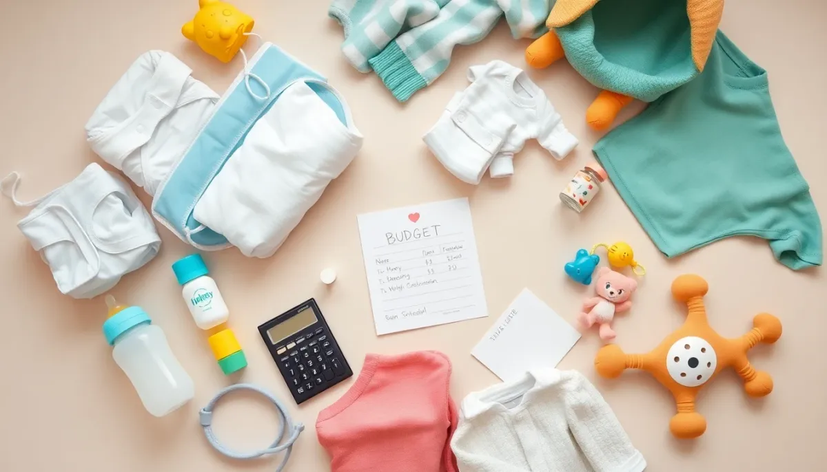 Vue de dessus des dépenses liées à un bébé : couches, biberons, vêtements et calculatrice