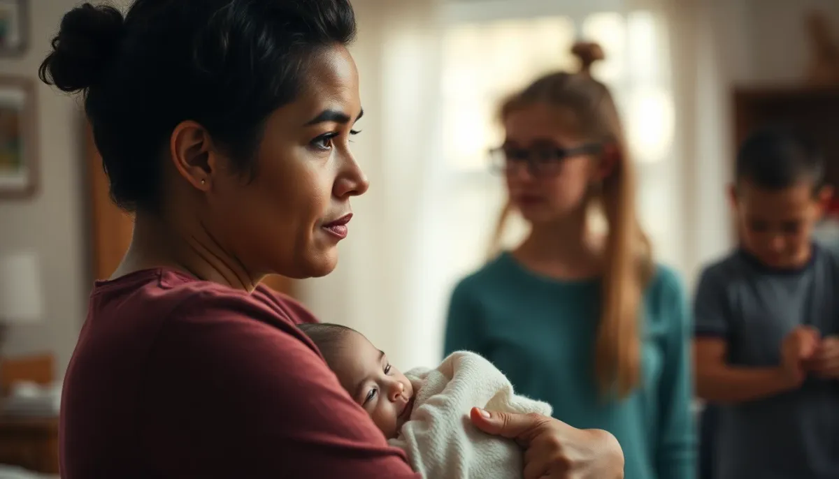 Parent pensif tenant un bébé, illustrant les défis émotionnels de la parentalité
