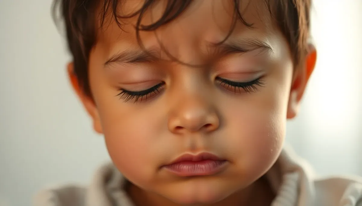 Gros plan montrant les signes de fatigue chez un enfant, illustrant les indicateurs de besoin de sieste