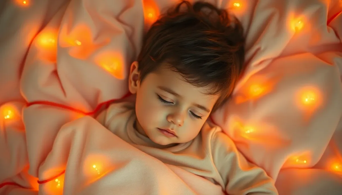 Enfant dormant avec une ambiance onirique et lumière dorée représentant l'imagination