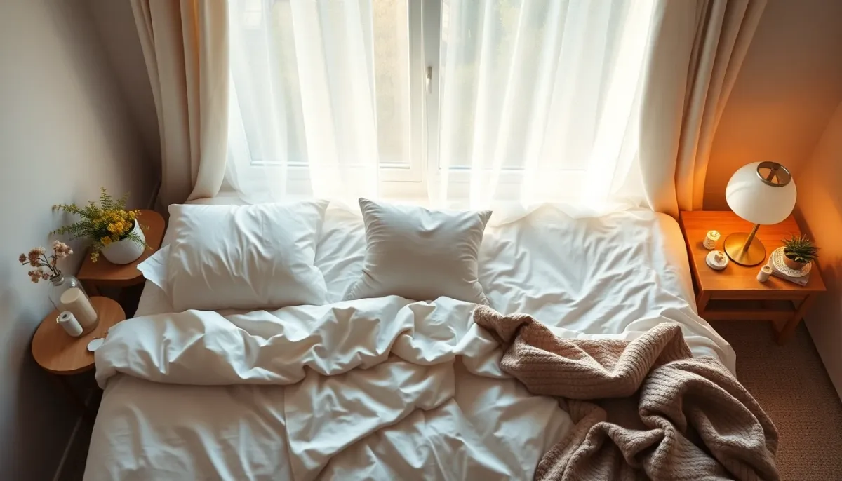 Mise en place d'une routine apaisante au coucher avec éclairage naturel doux et éléments de confort