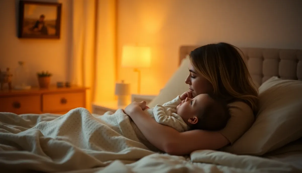 Scène de routine de coucher avec parent et bébé dans une ambiance calme et tamisée