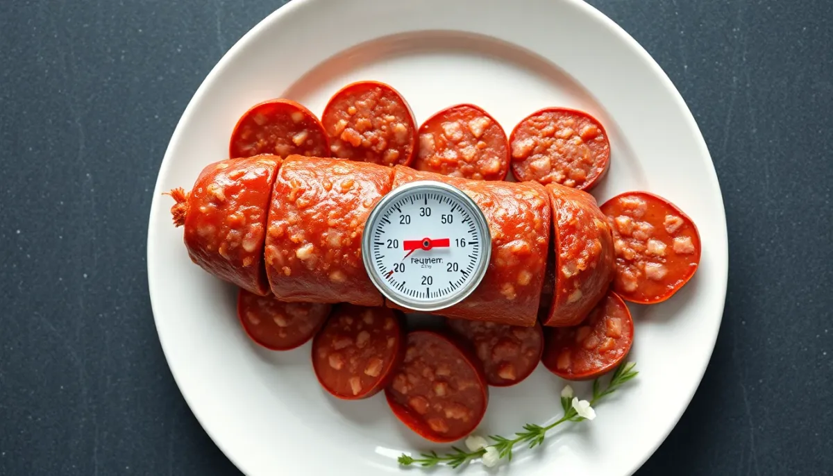 Vue de dessus d'un saucisson cuit avec un thermomètre de cuisine au centre pour vérifier la température interne