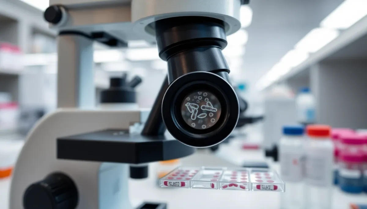 Microscope de laboratoire médical avec des échantillons de culture bactérienne pour l'analyse de Listeria monocytogenes
