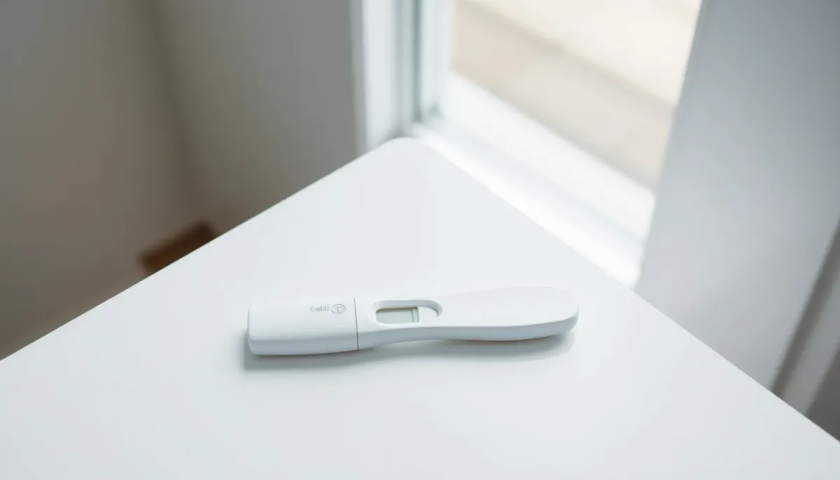 Test de grossesse sur surface blanche avec éclairage naturel clair