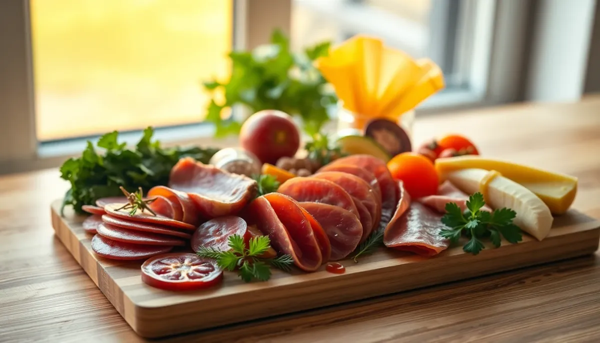 Plateau de charcuterie fraîche et ingrédients sains disposés sur une planche en bois