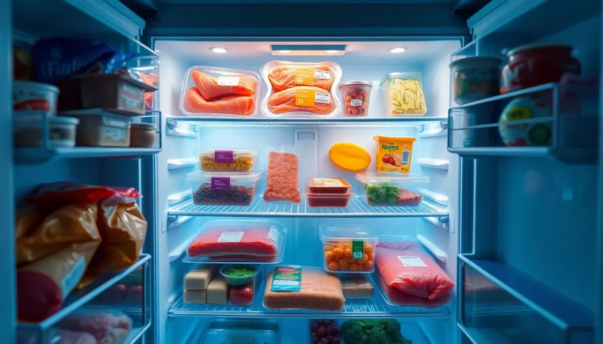 Rangement organisé d'aliments dans un réfrigérateur moderne montrant les bonnes pratiques de conservation