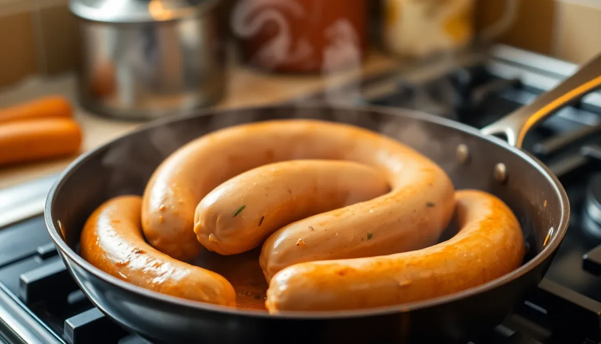 Boudin blanc en cours de cuisson à la poêle avec une belle coloration dorée