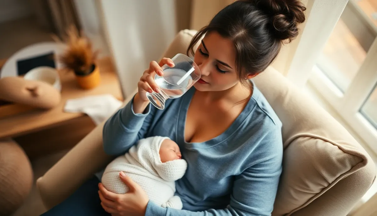 Mère allaitante buvant de l'eau pour une hydratation optimale pendant l'allaitement
