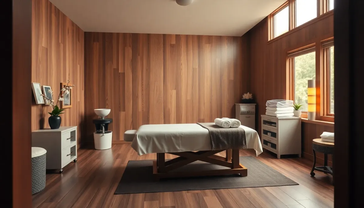Salle de soin avec table de massage et équipements de thalassothérapie dans un centre de cure