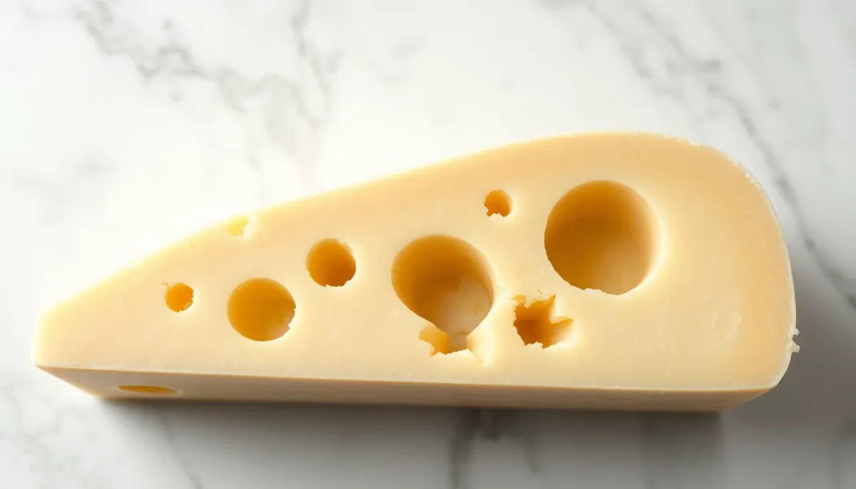 Coupe transversale d'emmental montrant sa structure interne et ses caractéristiques de pâte pressée cuite