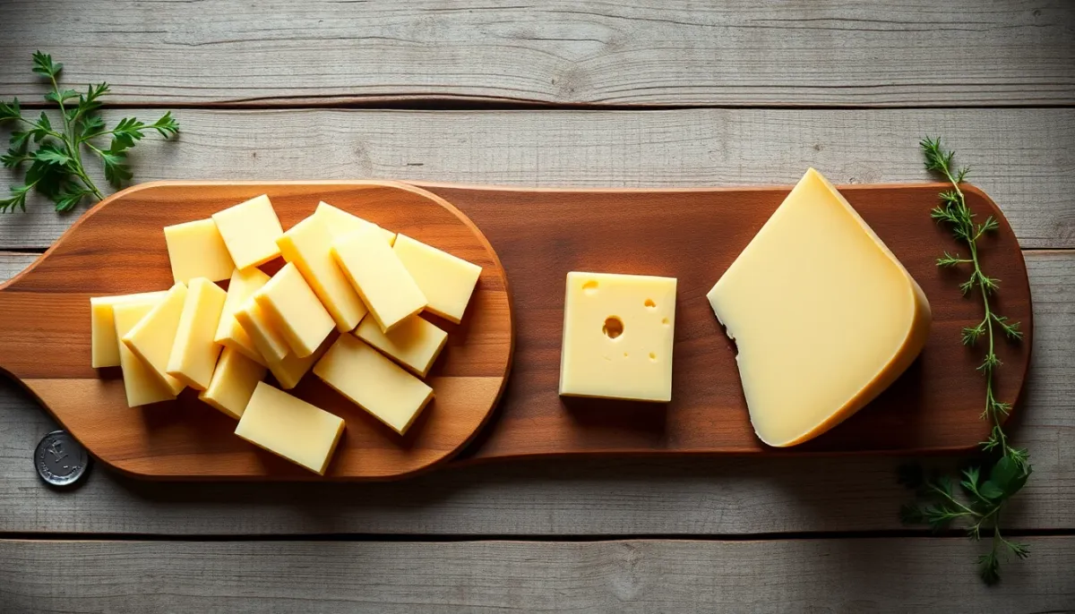 Comparaison visuelle entre tranches d'emmental frais et morceau entier de fromage sur planche en bois