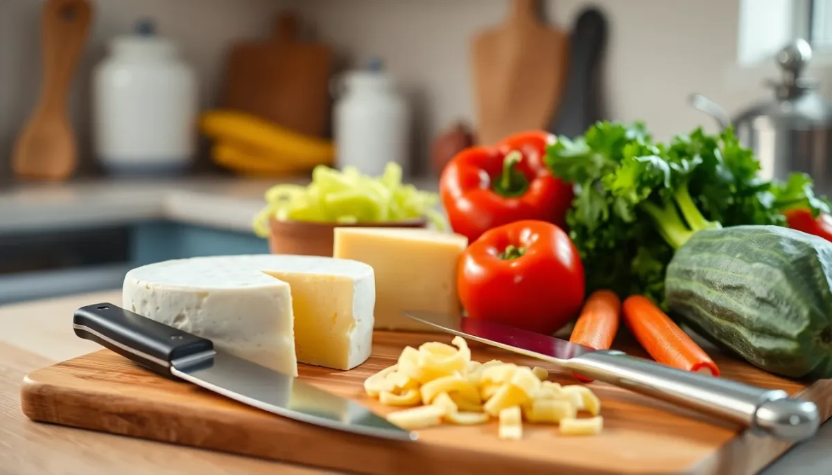 Scène culinaire montrant l'emmental frais préparé correctement avec ustensiles de cuisine et ingrédients sains