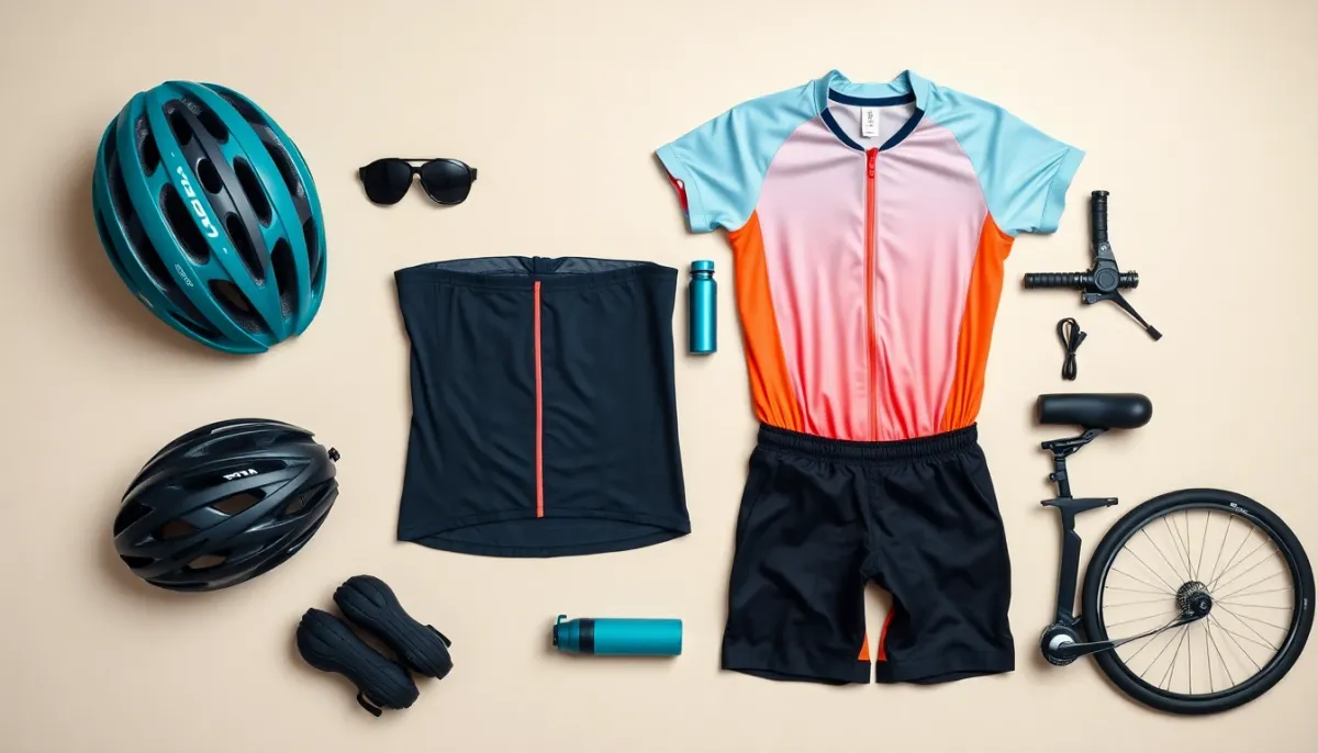 Équipement et accessoires de sécurité pour le cyclisme en grossesse disposés en vue de dessus