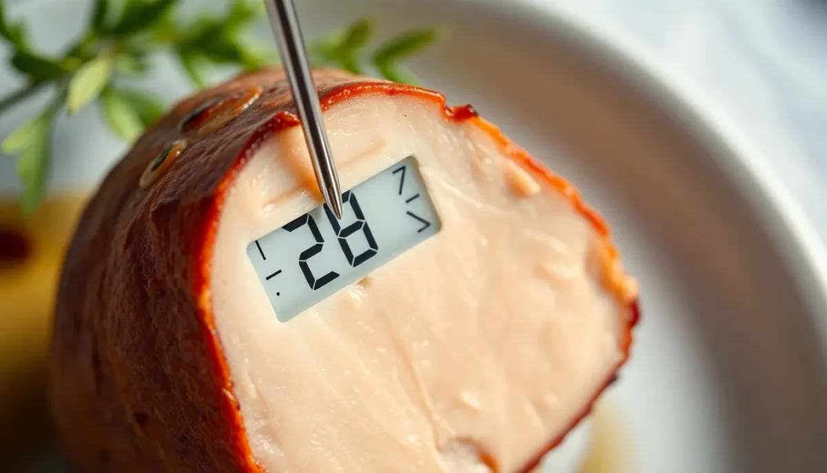 Gros plan d'un thermomètre mesurant la température de cuisson du foie gras pour la sécurité alimentaire