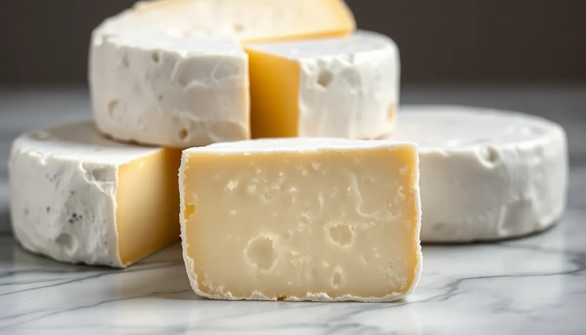 Gros plan sur des fromages à croûte fleurie blanche montrant la texture caractéristique