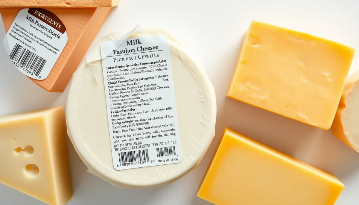 Étiquettes de fromages pasteurisés photographiées de dessus montrant les mentions de pasteurisation