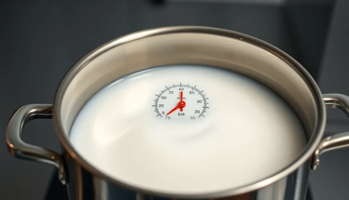 Processus de pasteurisation du lait avec thermomètre indiquant la température de chauffage