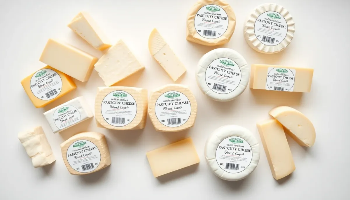 Sélection de fromages de brebis pasteurisés avec leurs emballages disposés à plat