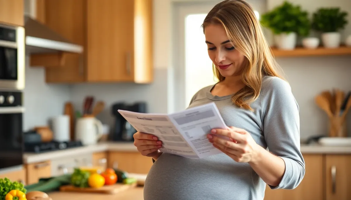 Femme enceinte vérifiant attentivement l'étiquette d'un produit fromager en cuisine