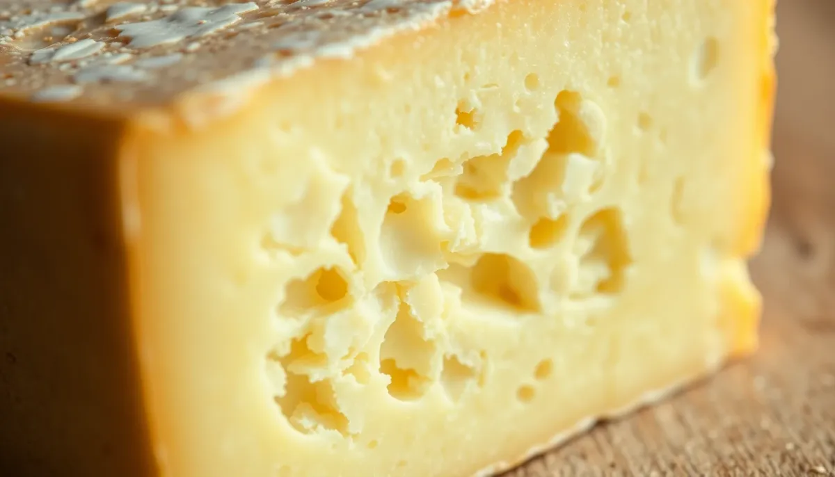 Gros plan sur la structure interne d'un fromage à pâte dure montrant sa texture cristalline et sa faible humidité