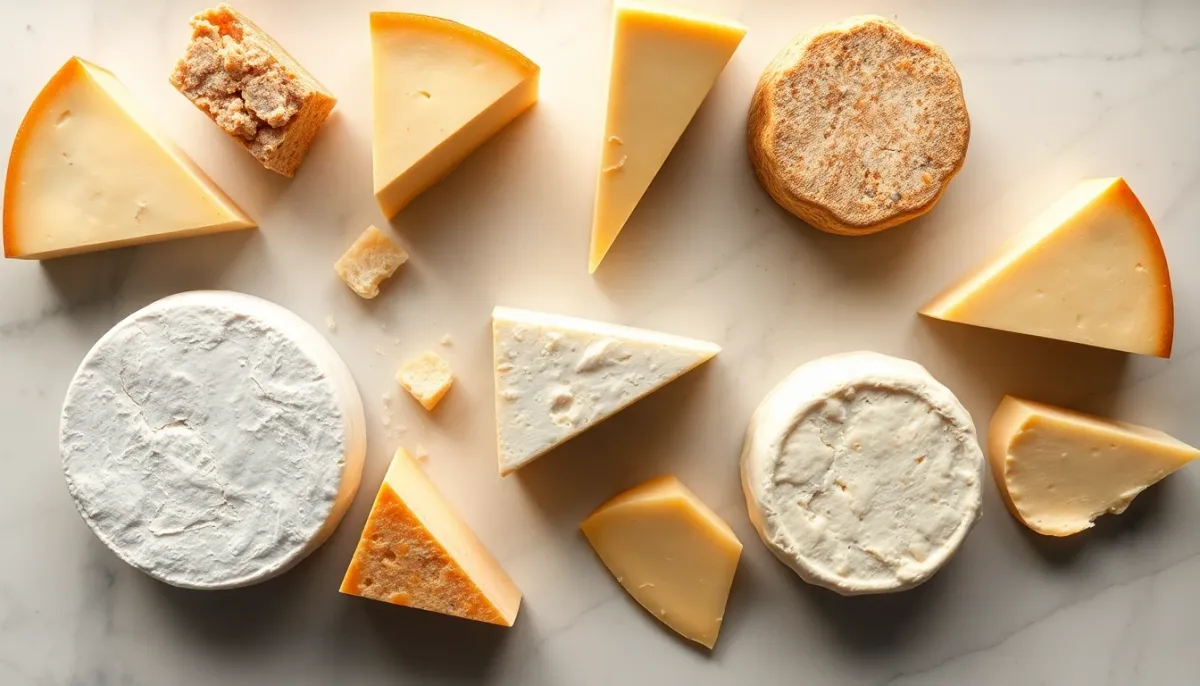 Présentation de différentes variétés de fromages à pâte dure vue de dessus avec éclairage naturel
