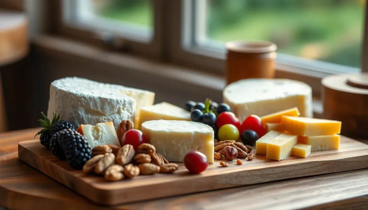 Plateau de fromages à pâte dure accompagnés de fruits frais et fruits secs dans une ambiance lumineuse naturelle