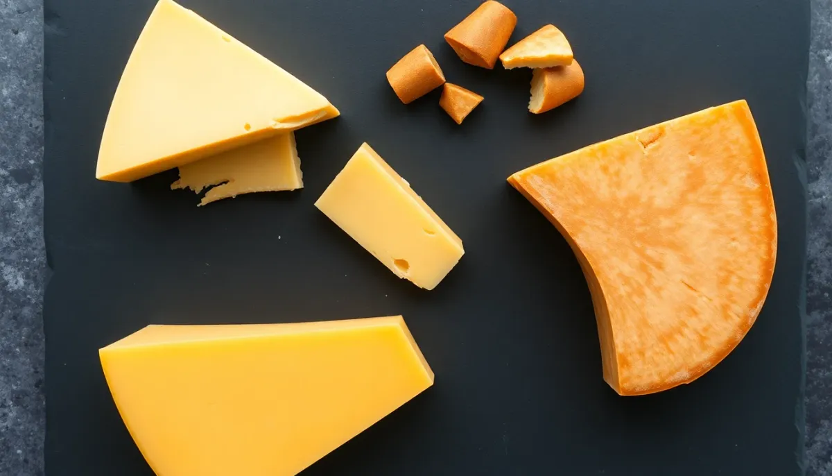 Trois variétés de gouda (jeune, fumé, vieilli) présentées côte à côte sur ardoise
