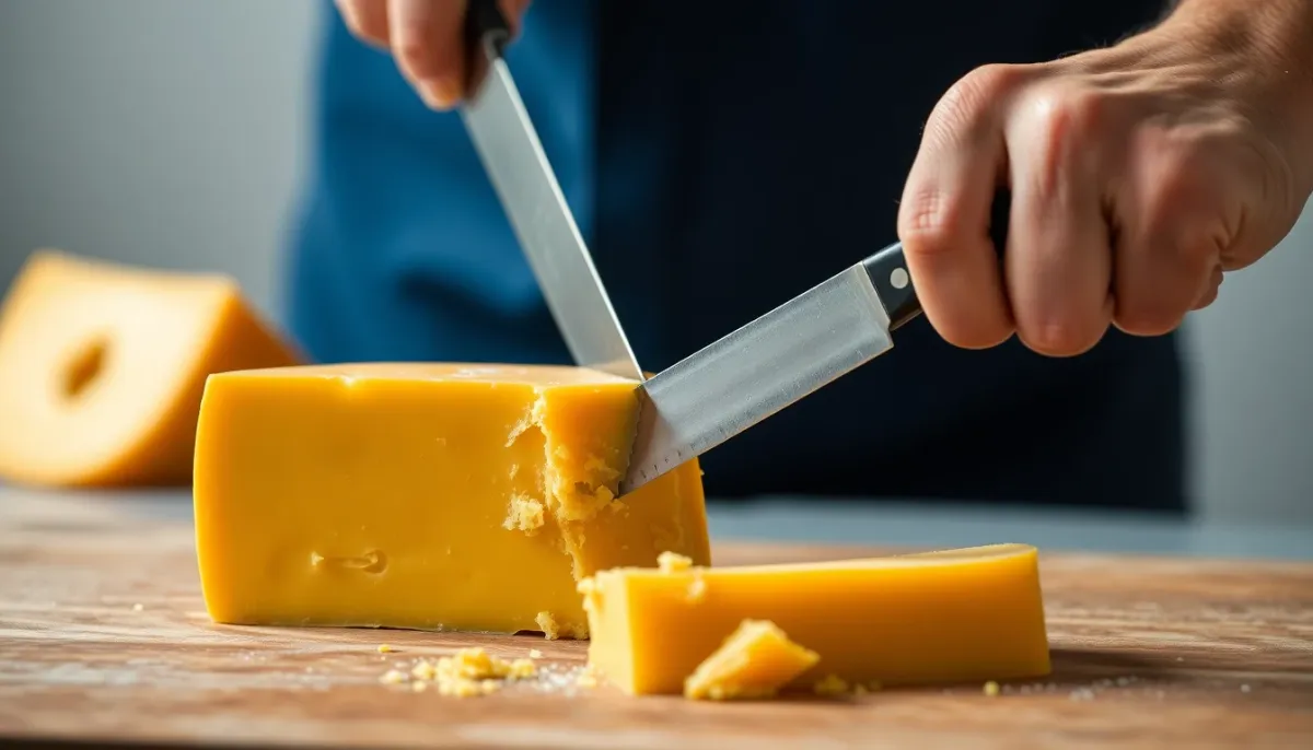 Retrait de la croûte de gouda avec un couteau, démonstration de la bonne technique