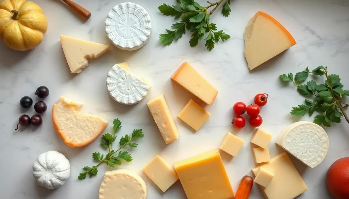 Arrangement de différents types de fromages autorisés pendant la grossesse sur surface en marbre