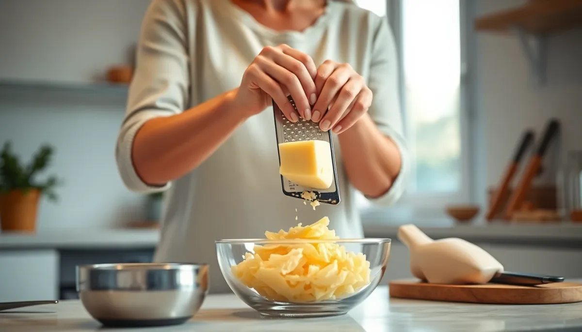Préparation de fromage frais râpé à la main dans une cuisine avec éclairage naturel